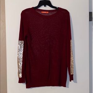 Red Sweater with Gold Sequin Sleeves.